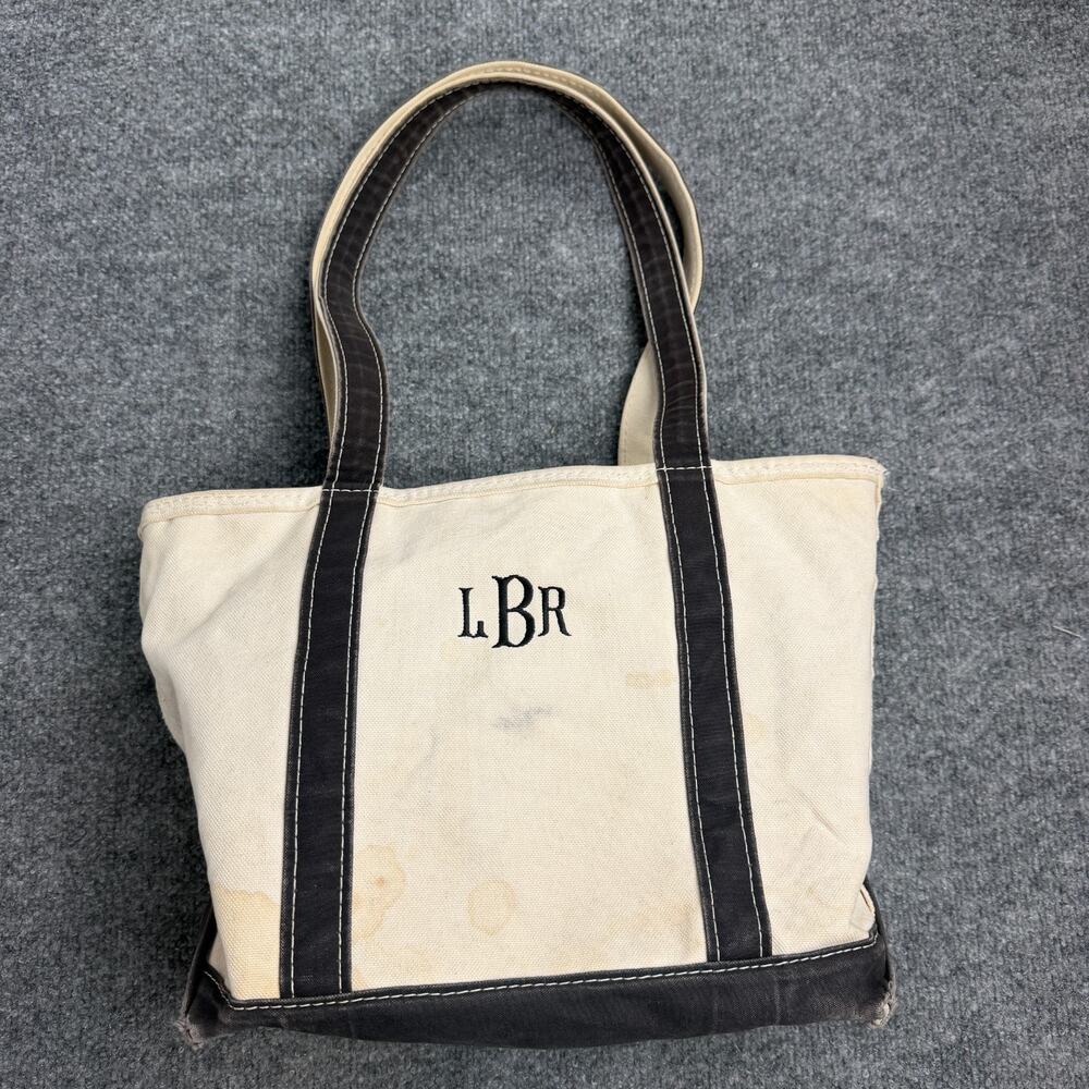 LL Bean Boat And Tote Medium Canvas Bag Beige Navy Blue Open Top Vintage 80s USA